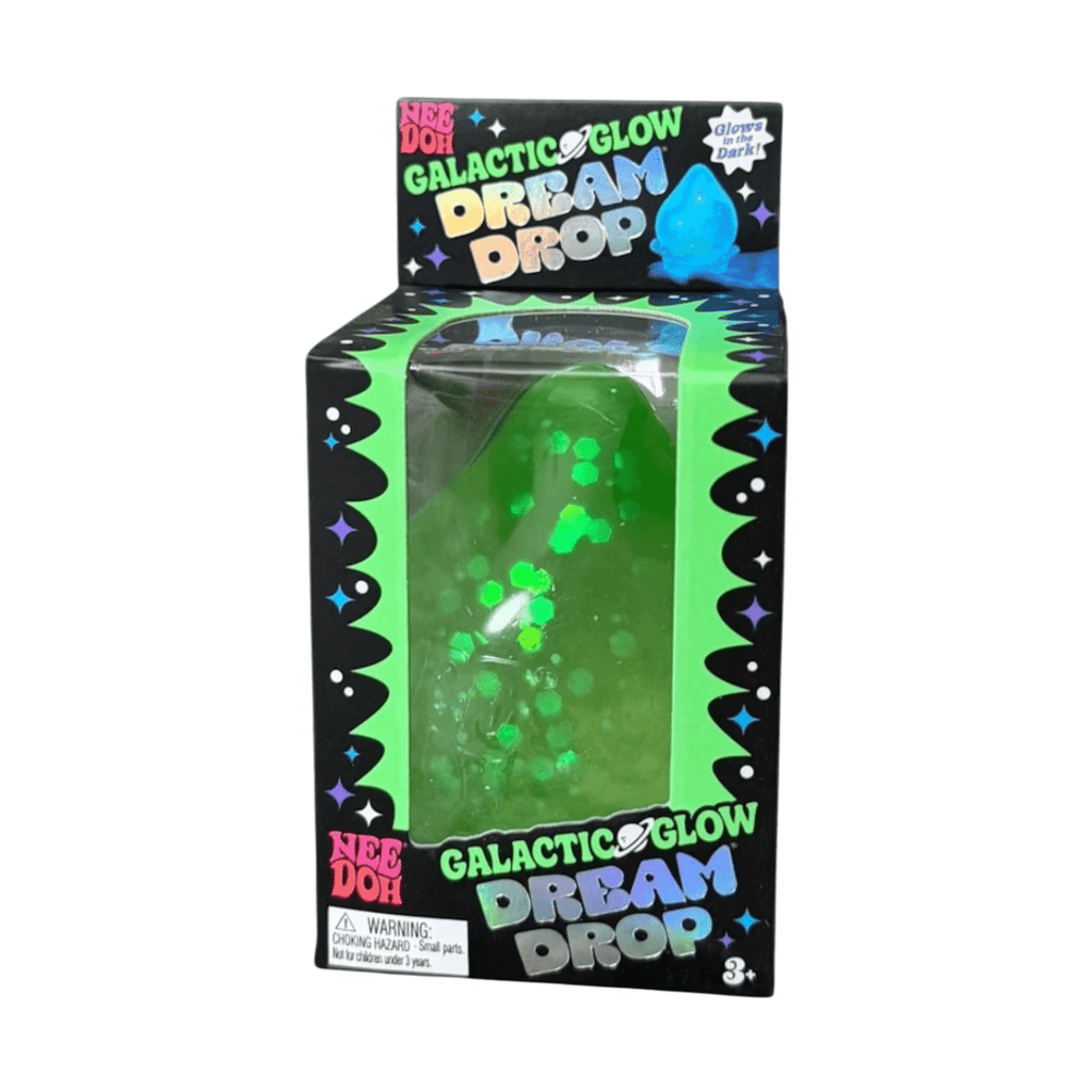 NeeDoh Galactic Glow Dream Drop sparkly teardrop squishy on a splash-style display stand