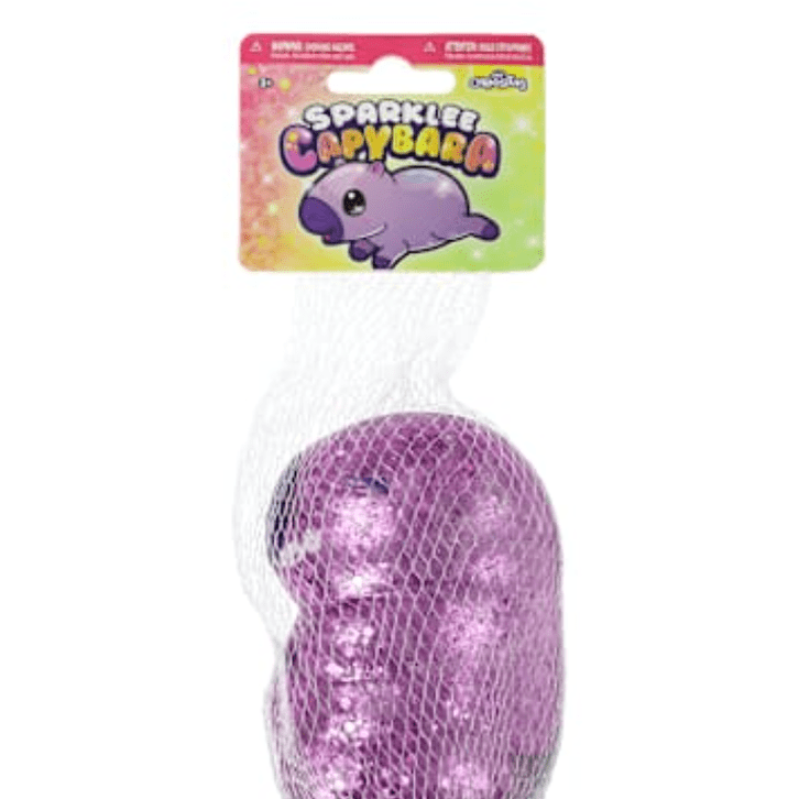 Purple Sparklee Capybara glitter squishy in mesh retail packaging